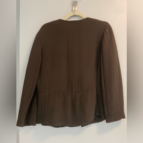 Eileen Fisher Dark Olive Green Brown Silk Blend Hook & Eye Textured Blazer Small - Picture 5 of 7